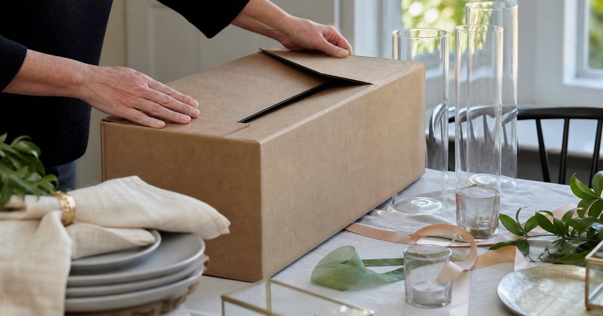 A person's hands closing the flaps of a cardboard storage box on a dining table after an event, empty glass vases, folded linen napkins and a few loose ribbons nearby, soft afternoon daylight