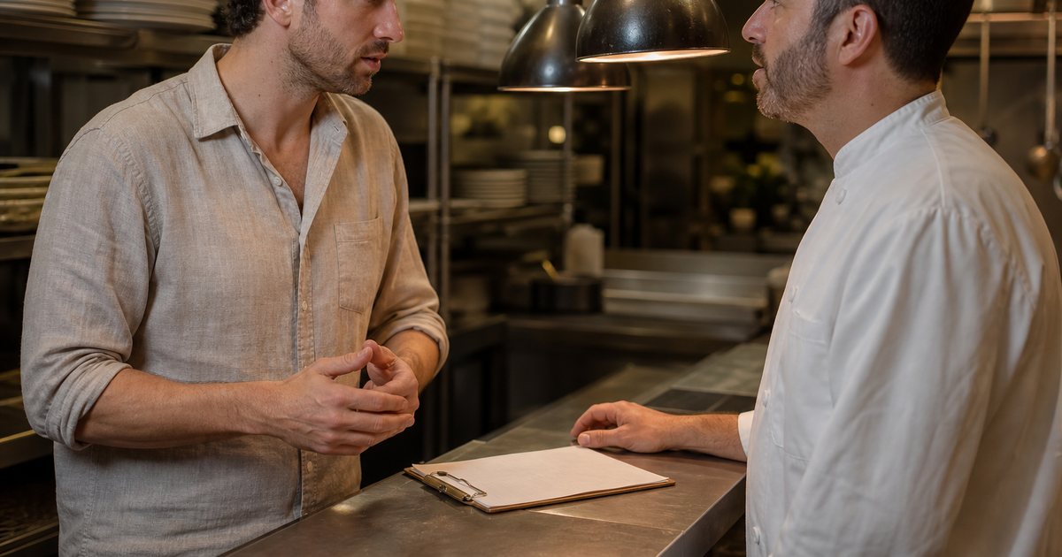 A man in a linen shirt standing in a restaurant back kitchen talking with a chef in whites, a clipboard resting on a steel counter between them, warm overhead lighting