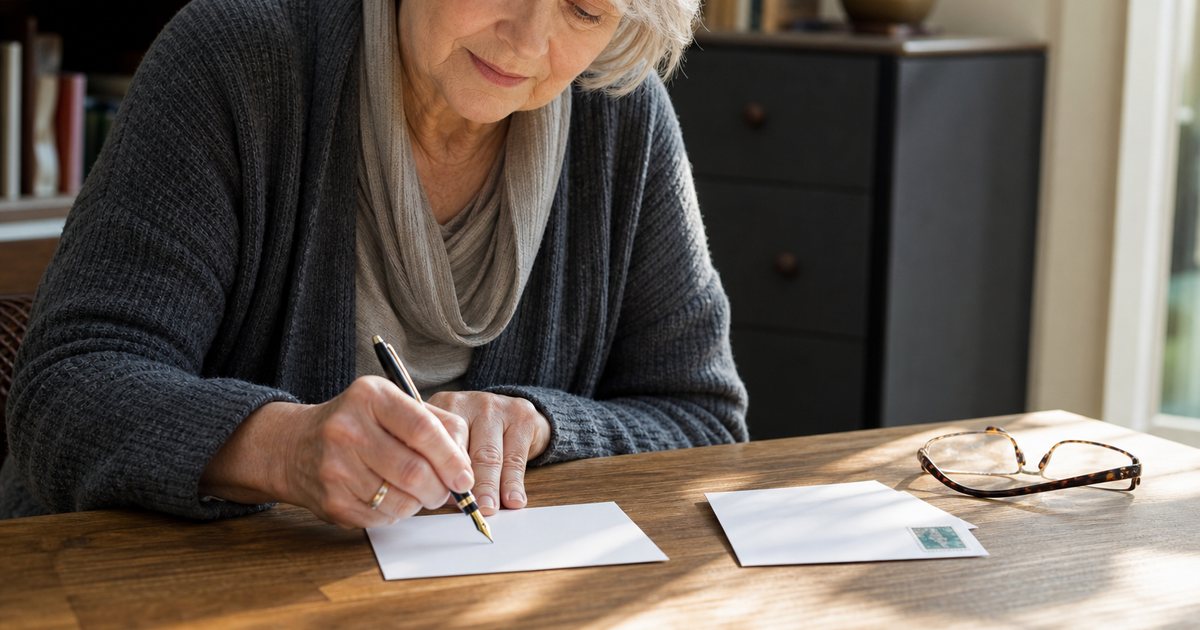 An older woman at a sunlit writing desk sealing a small cream envelope, a fountain pen and reading glasses resting beside her, warm window light