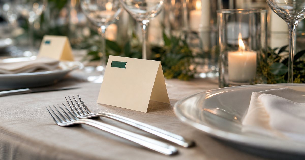 Close up of a set dinner table with folded cream place cards, each with a small colored ribbon or sticker in the corner, silverware and a white plate, candlelight